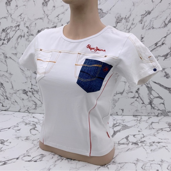 Women's Fashion Pepe Jeans White | Navy Denim Pocket Tee Shirt - Picture 1 of 4